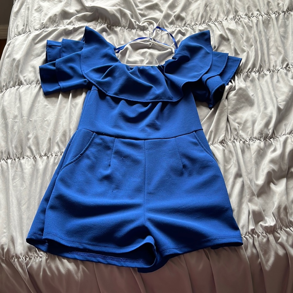 She + sky Blue strapless ruffle romper with shorts